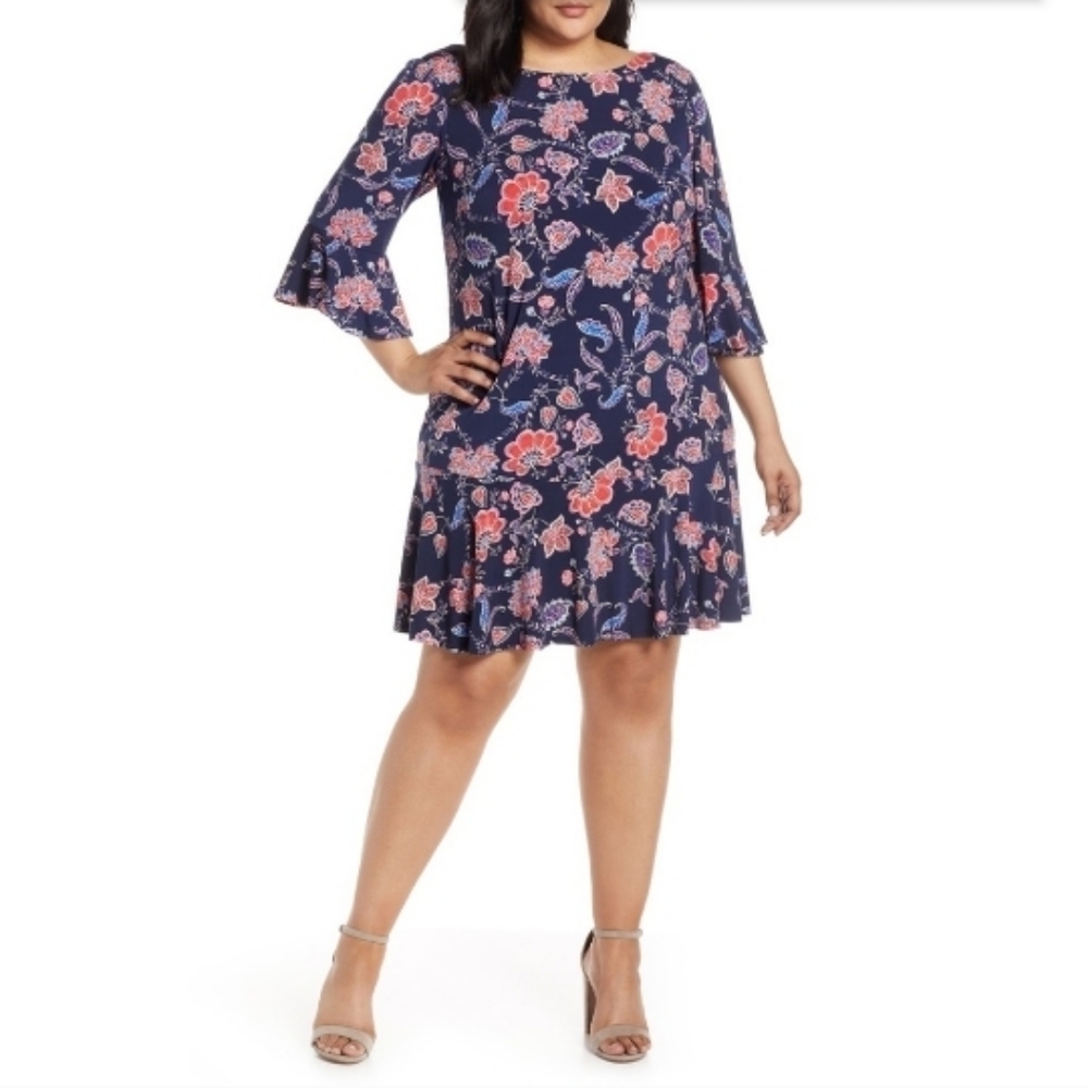 Eliza J Dark Navy Pink Floral Ruched Dress